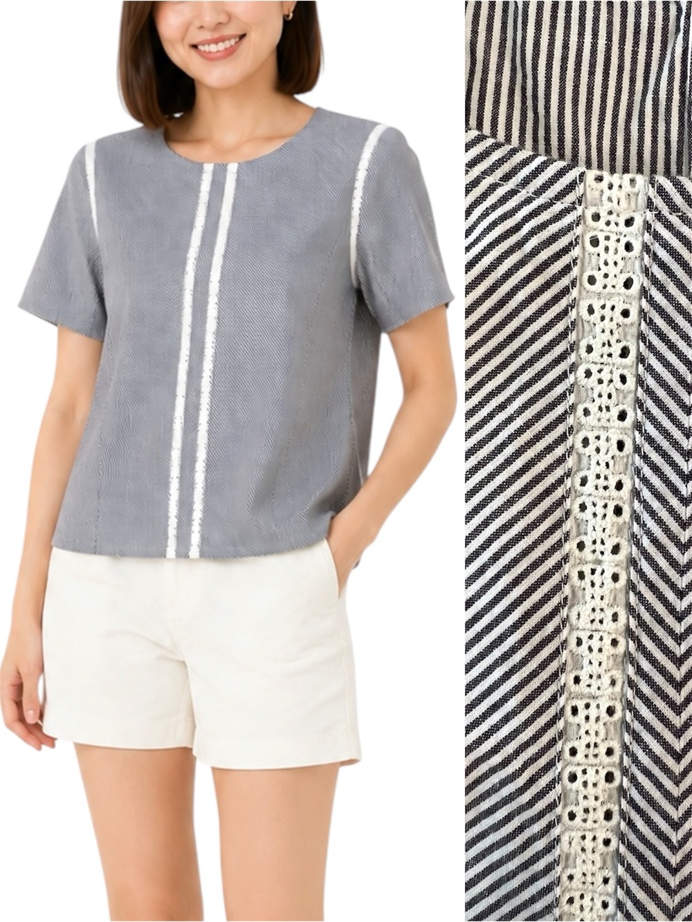 Susina Black White Stripe Blouse Lace Trim Short Sleeve Casual Cotton Top XLP